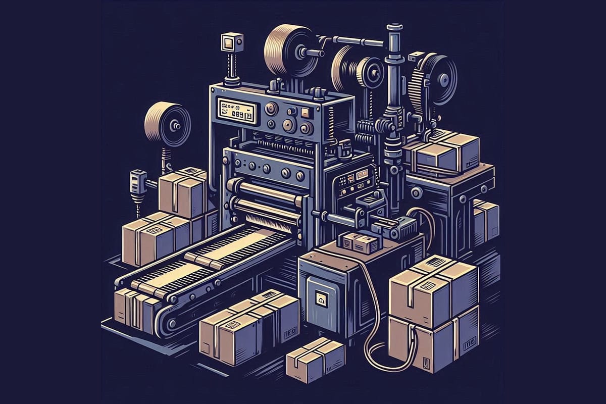 A complicated machine showing a conveyor belt and boxes/containers lying around.